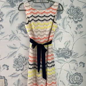 Trina Turk dress size 2, grosgrain navy belt, ivory, orange, yellow and navy